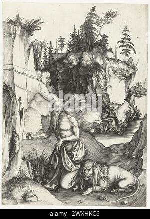 Jerome Penitent nel Wilderness. Incisione di rame, Albrecht Dürer 1494–1498 Foto Stock