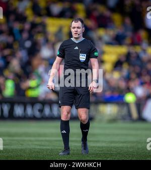 Stadio Almondvale, Livingston, Scozia. 31 marzo 2024; 31 marzo 2024; Almondvale Stadium, Livingston, Scozia: Scottish Premiership Football, Livingston contro Celtic; arbitro Don Robertson Foto Stock