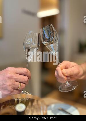 Toast con due bicchieri di brandy alla frutta Foto Stock