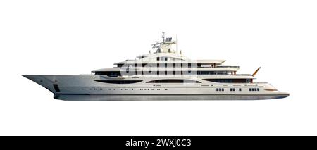 Super yacht di lusso isolato su sfondo bianco. Grande mega yacht. Yacht a motore. Foto Stock