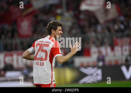 MONACO, Germania. , . 25 Thomas MUELLER, Müller durante la partita di calcio della Bundesliga tra il Bayern MUENCHEN e il Borussia Dortmund, BVB, all'Allianz Arena di Monaco il 30. Marzo 2024, Germania. DFL, Fussball, 0:2 (foto e copyright @ Jerry ANDRE/ATP Images) (ANDRE Jerry/ATP/SPP) credito: SPP Sport Press Photo. /Alamy Live News Foto Stock