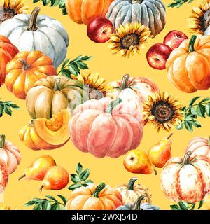 Raccolta della zucca autunnale. Motivo senza cuciture ad acquerello disegnato a mano Foto Stock