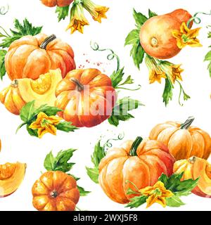 Raccolta della zucca autunnale. Motivo senza cuciture ad acquerello disegnato a mano Foto Stock
