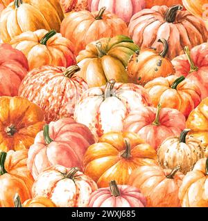 Raccolta di zucche autunnali, disegno ad acquerello a mano senza cuciture Foto Stock