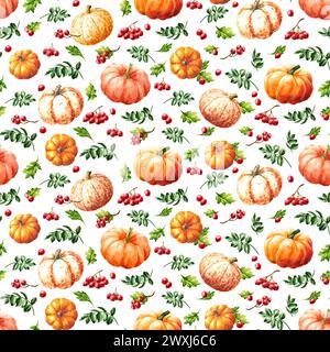 Zucche autunnali, acquerello disegnato a mano motivo senza cuciture isolato su sfondo bianco Foto Stock