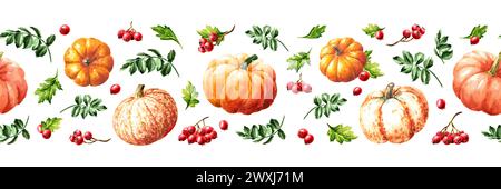 Bordo di zucca autunnale, disegno ad acquerello a mano motivo senza cuciture isolato su sfondo bianco Foto Stock
