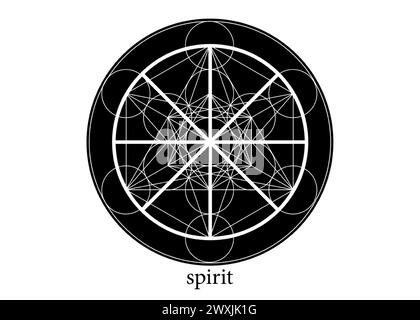 Simbolo dello spirito icona dell'alchimia wicca, geometria Sacra, logo magico del segno spirituale. Sfondo bianco isolato mandala vettoriale bianco e nero Illustrazione Vettoriale