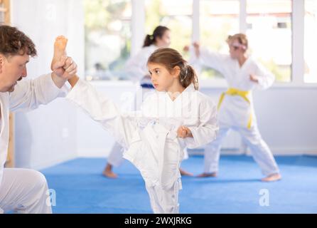 Padre e figlia addestrano tecniche di combattimento di karate Foto Stock