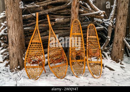 Le classiche racchette da neve in legno, Huron e Bear Paw, contro una pila di legna da ardere Foto Stock