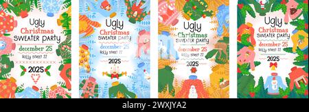 Set di brutto invito per la festa con maglione. Maglioni invernali di Natale dal design divertente, atmosfera fai da te. Illustrazione Vettoriale