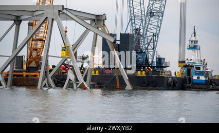 Gli equipaggi di demolizione altamente addestrati iniziarono a tagliare la parte superiore del lato nord del ponte crollato in sezioni più piccole per la rimozione sicura tramite gru nel fiume Patapsco, a Baltimora, Maryland, 30 marzo 2024. Le squadre di recupero utilizzano una torcia da taglio esotermica per separare sistematicamente sezioni del ponte in acciaio, che verrà portata in un sito di smaltimento. (Foto della Guardia Costiera degli Stati Uniti del sottufficiale di terza classe Kimberly Reaves) Foto Stock