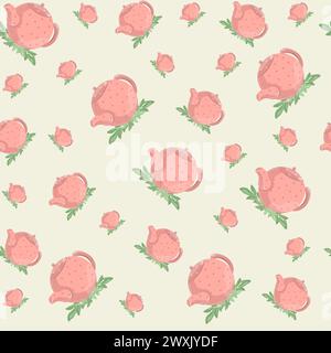 Motivo senza cuciture con teiere e foglie rosa su sfondo di colore chiaro. Stoviglie per cartoni animati. Festa del tè. Illustrazione vettoriale. Illustrazione Vettoriale