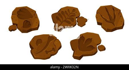 Fissa fossili di dinosauri, impronte di zampe, sentiero per rettili isolati su sfondo bianco. Reperti archeologici e paleontologici. Illustrazione vettoriale Illustrazione Vettoriale