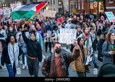 New York, Stati Uniti. 30 marzo 2024. I manifestanti pro-palestinesi marciano durante una manifestazione nel 48° anniversario della giornata della Terra palestinese il 30 marzo 2023 a New York. Ogni anno, il 30 marzo, i palestinesi osservano la giornata della Terra, o Yom al-Ard, ricordando gli eventi del 30 marzo 1976, quando sei palestinesi disarmati sono stati uccisi e più di 100 feriti dalle forze israeliane durante le proteste contro la confisca israeliana della terra palestinese. (Foto di Michael Nigro/Pacific Press) credito: Pacific Press Media Production Corp./Alamy Live News Foto Stock