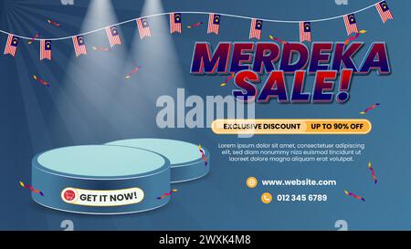 Promozione banner Merdeka sale. Podio 3D per il posizionamento dei prodotti. Illustrazione Vettoriale