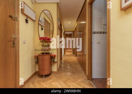 Sala a un piano con pavimenti in parquet, pareti gialle con vernice gotelet, credenza con specchio e oggetti decorativi Foto Stock