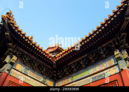 Primo piano sui dettagli del tetto del Lamasery di Yonghegong, il Lamasery di Yonghe è il più grande tempio tibetano buddista dei lama a Pechino, costruito nel 1694. Foto Stock