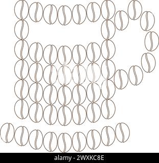 Contorno di tazza e piattino stilizzati in chicchi di caffè Logo, icona o concetto di saluto Coffee Day. Isolare. EPS. Vettoriale per adesivi o cartoline, poster o Web, cartellino prezzi, etichette, pubblicità o promozioni Illustrazione Vettoriale