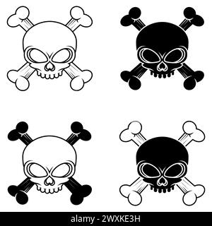 Design vettoriale del cranio in stile cartoni animati, teschio con ossa per Halloween Illustrazione Vettoriale