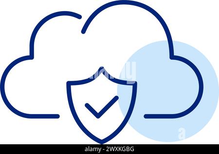 Sicurezza cloud verificata. Nuvola e scherma con segno di spunta. Archiviazione dei dati protetta. Pixel Perfect, icona traccia modificabile Illustrazione Vettoriale
