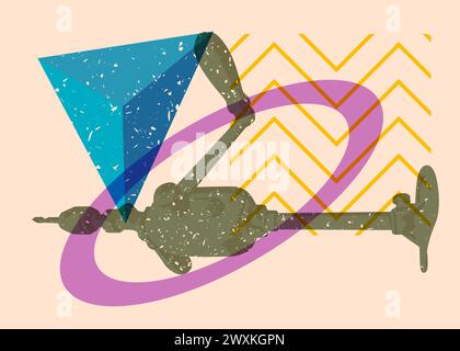 Rinforzo per trapano anticato Risograph con forme geometriche. Utensile in metallo per praticare fori in un elegante design in stile texture con stampa a grafico riso con geometria eleme Illustrazione Vettoriale