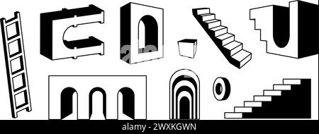 Collezione di scale e archi in prospettiva. Delineare insieme di elementi geometrici surreali. Audace porta ad arco 3d, scala, scala, fascio di cancelli. Forme trippy per collage, poster, striscioni, adesivi. Vettore Illustrazione Vettoriale