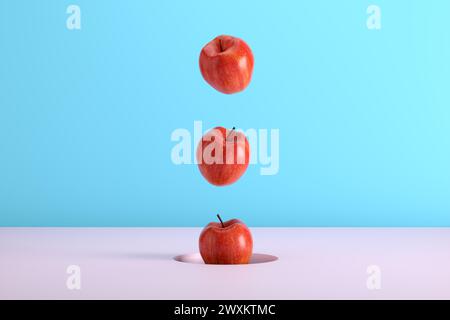 Mele rosse che cadono da un buco su sfondo blu e rosa. Rendering 3D per il concetto di gravità, fisica e frutti astratti. Foto Stock