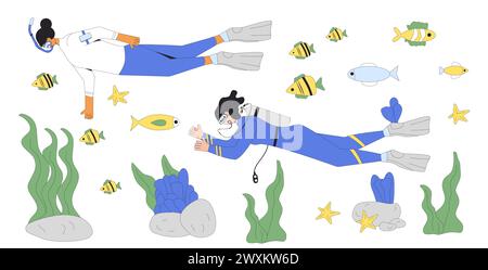 Set per immersioni e snorkeling. Le donne subacquee nuotano in tute d'acqua, maschere di ossigeno, bombole e attrezzature per immersioni e snorkeling. D'estate sottomarina Illustrazione Vettoriale