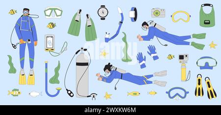 Set per immersioni subacquee. Uomini e donne subacquei che nuotano in tute d'acqua, maschere di ossigeno, serbatoi e attrezzature per immersioni e snorkeling. Illustrazioni vettoriali della line art Illustrazione Vettoriale