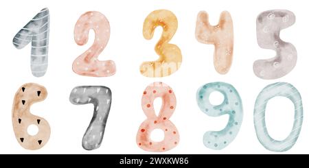 Numeri dell'acquerello. Un set di numeri colorati e simpatici. Clip art isolata su sfondo bianco. Per la progettazione di biglietti di compleanno e inviti. Bambini Foto Stock
