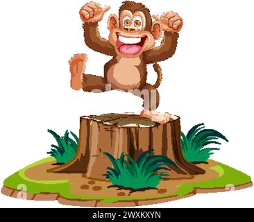 Una scimmia felice che balla su un ceppo d'albero. Illustrazione Vettoriale