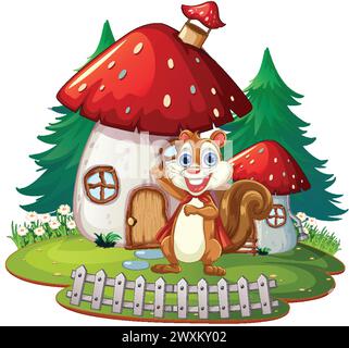 Uno scoiattolo felice in piedi fuori da una casa di funghi fantasiosi. Illustrazione Vettoriale