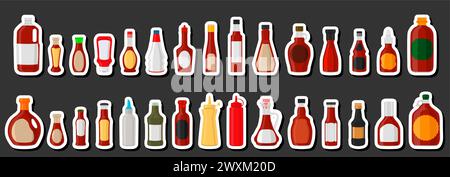 Illustrazione su kit grande vari flaconi di vetro riempiti di salsa liquida di pesce, flaconi costituiti da salsa di pesce, etichette vuote per titoli, salsa di pesce i. Illustrazione Vettoriale