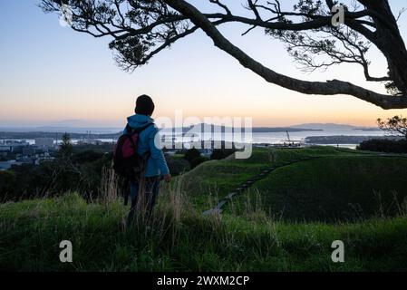 Donna che si gode l'alba sulla vetta del Monte Eden con un cratere vulcanico in primo piano. L'isola di Rangitoto incorniciata da alberi di Pohutukawa. Auckland. Foto Stock