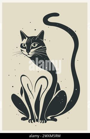 Poster retrò con carino gatto nero Japandi art. Illustrazione Vettoriale