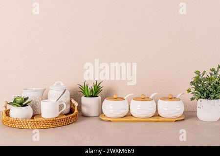 Set da tè in ceramica bianca su vassoio rotondo in vimini tra le piante da interno sul ripiano della cucina. Sfondo della cucina in colori chiari. Uno spazio di copia. Vista frontale Foto Stock