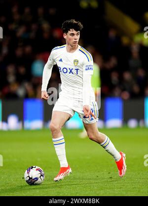 Archie Gray del Leeds United durante il match per lo Sky Bet Championship a Vicarage Road, Watford. Data foto: Venerdì 29 marzo 2024. Foto Stock