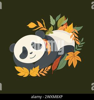 Bellissimo modello autunnale con un delizioso panda addormentato in foglie colorate. Illustrazione vettoriale. Può essere utilizzato per striscioni, poster, biglietti di auguri, cartoline e Illustrazione Vettoriale