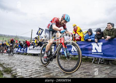 Kluisbergen, Belgio. 31 marzo 2024. Victor Campenaerts belga di lotto Dstny nella foto al Paterberg durante la gara maschile della 'Ronde van Vlaanderen/ Tour des Flandres/ Tour of Flanders', un giorno di ciclismo, 270 km da Anversa a Oudenaarde, domenica 31 marzo 2024. BELGA PHOTO TOM GOYVAERTS credito: Belga News Agency/Alamy Live News Foto Stock