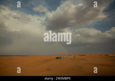 Nel mezzo del deserto, il colore del cielo si trasforma e in esso appare un arcobaleno di colori. Full frame quando piove Foto Stock