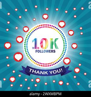 Grazie 10K follower card. Illustrazione vettoriale per social network, post di siti social, biglietti d'auguri Illustrazione Vettoriale