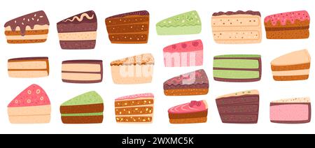 Torte isolate su sfondo bianco. Collezione di articoli da forno dolci. Dessert di pasticceria con panna. Illustrazione piatta a torta vettoriale. Illustrazione Vettoriale