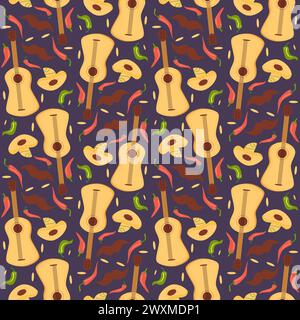Motivo messicano senza cuciture. Chitarra e sombrero ripetono lo sfondo. Cappelli di musicisti mariachi copertura infinita. Pepe e elementi festivi fanno girare orna Illustrazione Vettoriale