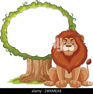 Leone cartoni animati seduto sotto un albero con spazio vuoto Illustrazione Vettoriale