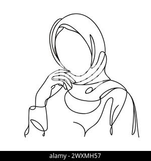 Una linea continua raffigura una donna in un hijab Illustrazione Vettoriale