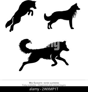 Illustrazione vettoriale silhouette Wolf - silhouette di un cane-lupo che attacca silhouette Illustrazione Vettoriale