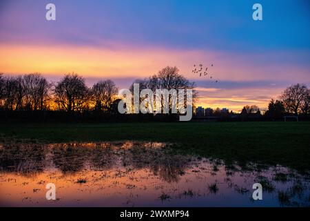 Un parco londinese inondato a seguito di forti piogge in primavera Foto Stock