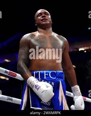 Fabio Wardley in azione contro Frazer Clarke (non nella foto) durante il loro incontro pesante all'O2 di Londra. Data foto: Domenica 31 marzo 2024. Guarda la storia di PA BOXING London. Il credito fotografico dovrebbe essere: John Walton/PA Wire. RESTRIZIONI: Utilizzo soggetto a restrizioni. Solo per uso editoriale, nessun uso commerciale senza il previo consenso del titolare dei diritti. Foto Stock