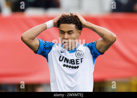 Brugge, Belgio. 1 aprile 2024. Antonio Nusa del Club sembra sgretolato durante una partita di calcio tra Cercle Brugge KSV e Club Brugge KV, lunedì 01 aprile 2024 a Brugge, il giorno 1 (su 10) dei play-off dei campioni della prima divisione del campionato belga 'Jupiler Pro League' 2023-2024. BELGA FOTO KURT DESPLENTER credito: Belga News Agency/Alamy Live News Foto Stock