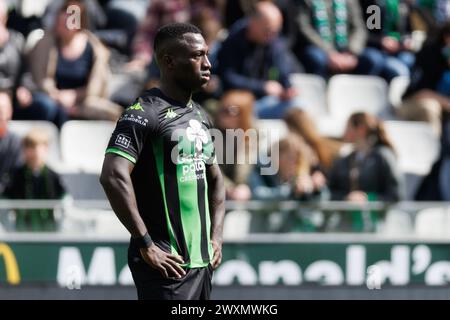 Brugge, Belgio. 1 aprile 2024. Kevin Denkey di Cercle sembra deluso durante una partita di calcio tra Cercle Brugge KSV e Club Brugge KV, lunedì 01 aprile 2024 a Brugge, il giorno 1 (su 10) dei play-off dei campioni della prima divisione del campionato belga "Jupiler Pro League" 2023-2024. BELGA FOTO KURT DESPLENTER credito: Belga News Agency/Alamy Live News Foto Stock
